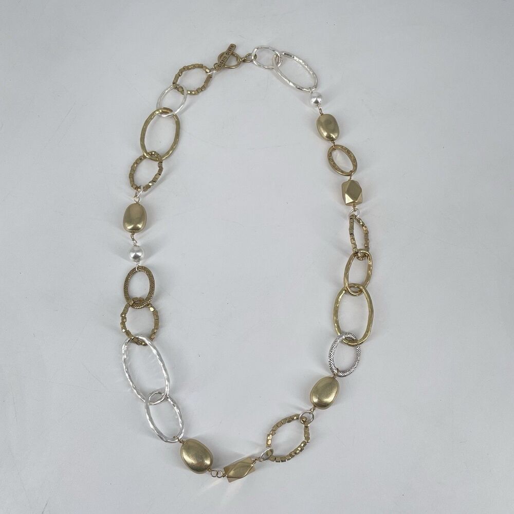 Sigrid Olsen Two Tone Chain Necklace Beaded Toggle 24” Gold Silver Signed